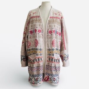 Johnny Was BIYA HEAVY Embroidered CREAM Cardigan Sweater sz Medium